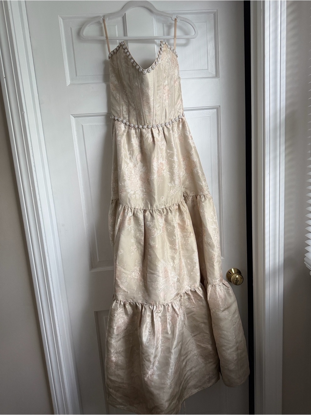 V. Chapman Ivory-Beaded Tiered Formal Dress